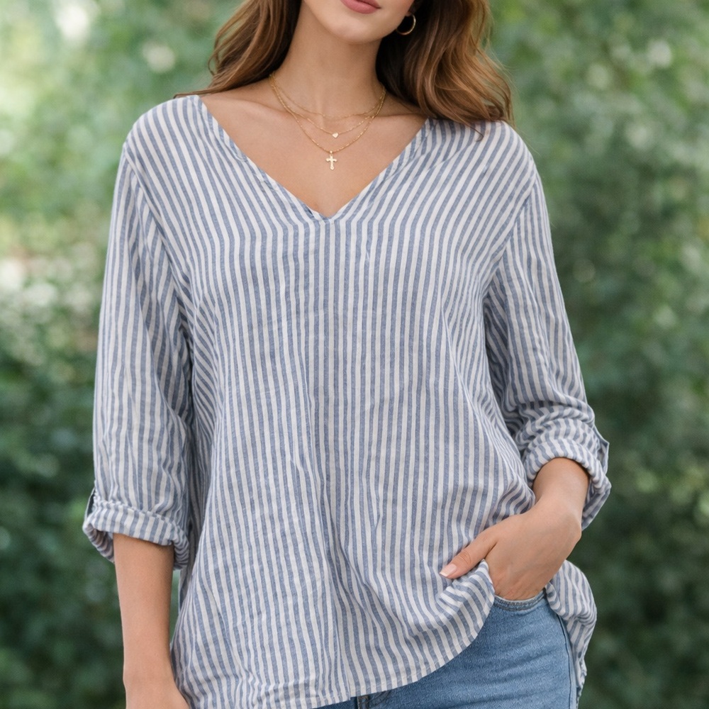 Tahari Blue and White Striped V-Neck Blouse